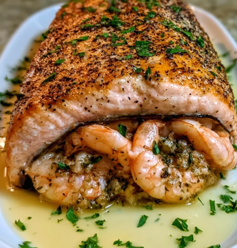 Stuffed Salmon with Garlic Butter Shrimp Filling