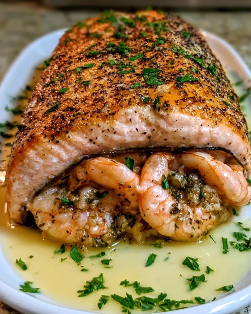 St￭ Salmon with Garlic Butter Shrimp Filling